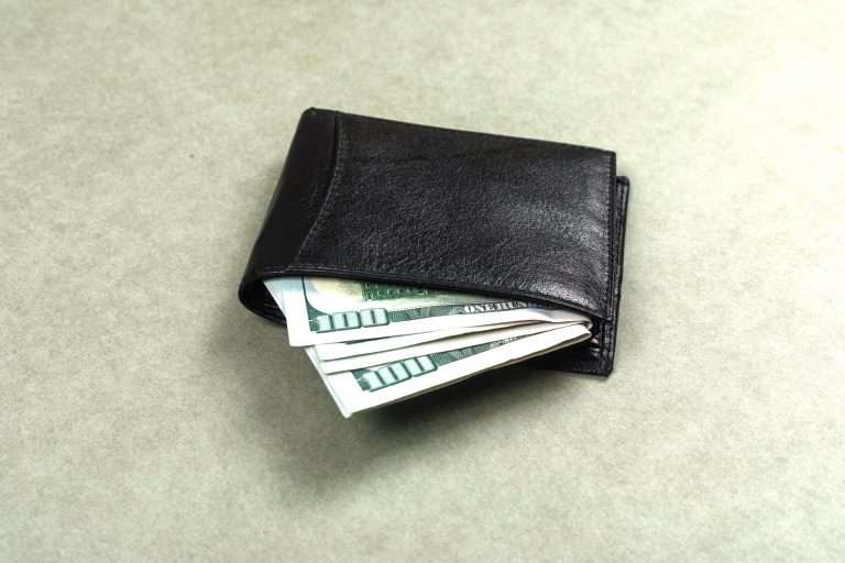 business financial concept with dollars wallet grey surface flat lay